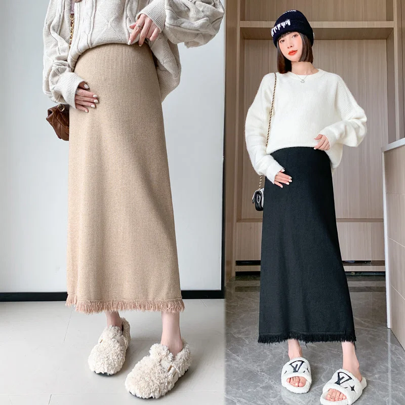 NiDELL Maternity Dress . Autumn and Winter Knitted Tassel Skirt Pregnancy Outer Wear Mid-Length High Waist Slimming A- line Skirt