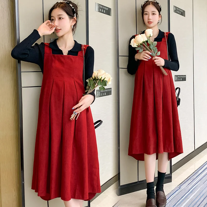 NiDELL Maternity Dress . Autumn and Winter Lapel Suspender Skirt Outfit Breastfeeding Bottoming Shirt Suspender Dress Two-Piece Set