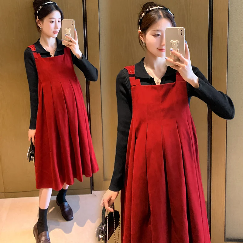 NiDELL Maternity Dress . Autumn and Winter Lapel Suspender Skirt Outfit Breastfeeding Bottoming Shirt Suspender Dress Two-Piece Set