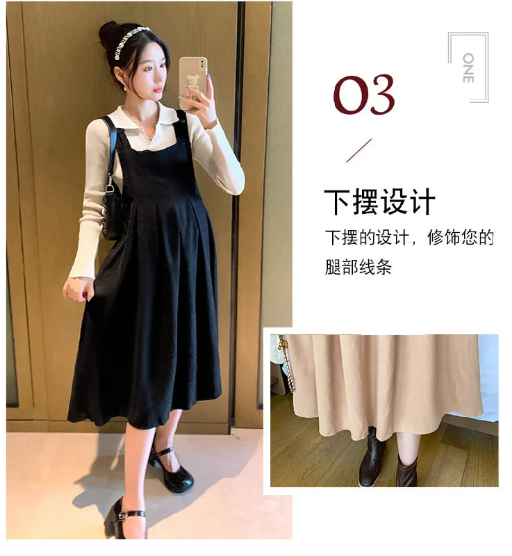 NiDELL Maternity Dress . Autumn and Winter Lapel Suspender Skirt Outfit Breastfeeding Bottoming Shirt Suspender Dress Two-Piece Set