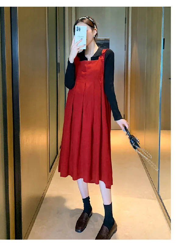 NiDELL Maternity Dress . Autumn and Winter Lapel Suspender Skirt Outfit Breastfeeding Bottoming Shirt Suspender Dress Two-Piece Set