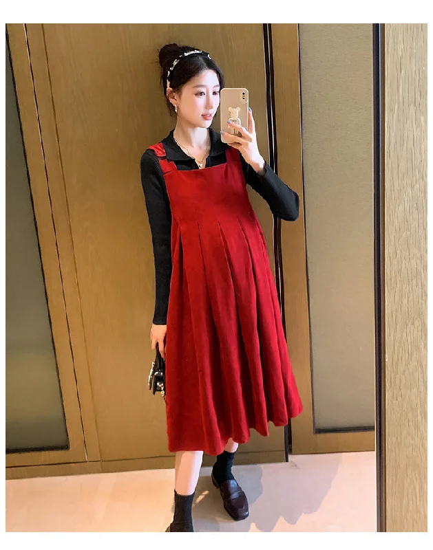 NiDELL Maternity Dress . Autumn and Winter Lapel Suspender Skirt Outfit Breastfeeding Bottoming Shirt Suspender Dress Two-Piece Set