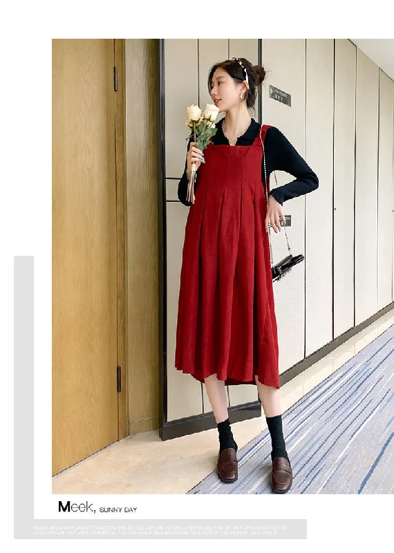 NiDELL Maternity Dress . Autumn and Winter Lapel Suspender Skirt Outfit Breastfeeding Bottoming Shirt Suspender Dress Two-Piece Set