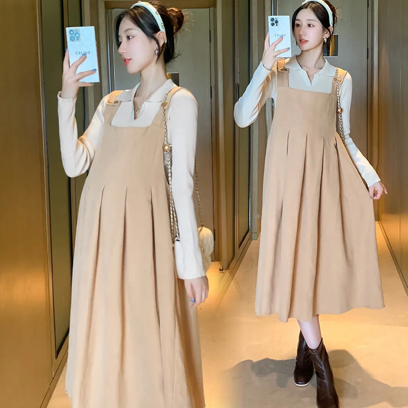 NiDELL Maternity Dress . Autumn and Winter Lapel Suspender Skirt Outfit Breastfeeding Bottoming Shirt Suspender Dress Two-Piece Set