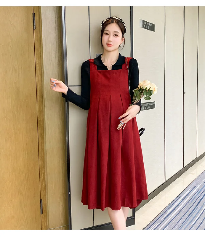 NiDELL Maternity Dress . Autumn and Winter Lapel Suspender Skirt Outfit Breastfeeding Bottoming Shirt Suspender Dress Two-Piece Set