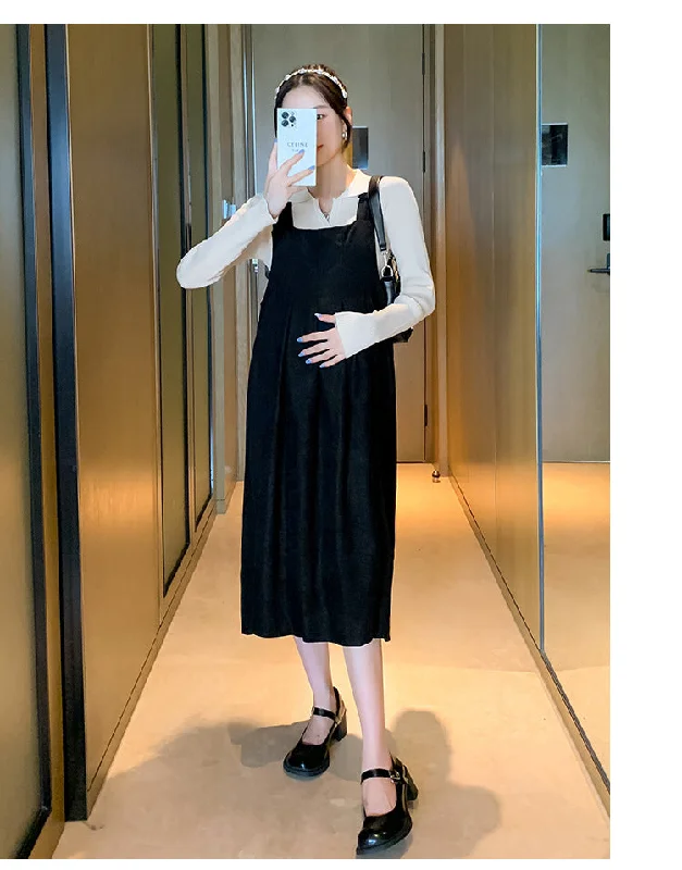 NiDELL Maternity Dress . Autumn and Winter Lapel Suspender Skirt Outfit Breastfeeding Bottoming Shirt Suspender Dress Two-Piece Set