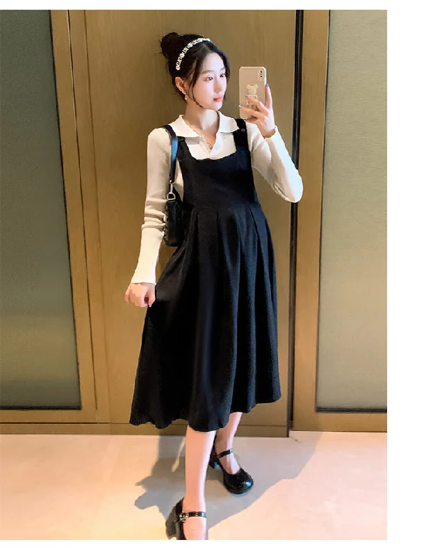 NiDELL Maternity Dress . Autumn and Winter Lapel Suspender Skirt Outfit Breastfeeding Bottoming Shirt Suspender Dress Two-Piece Set