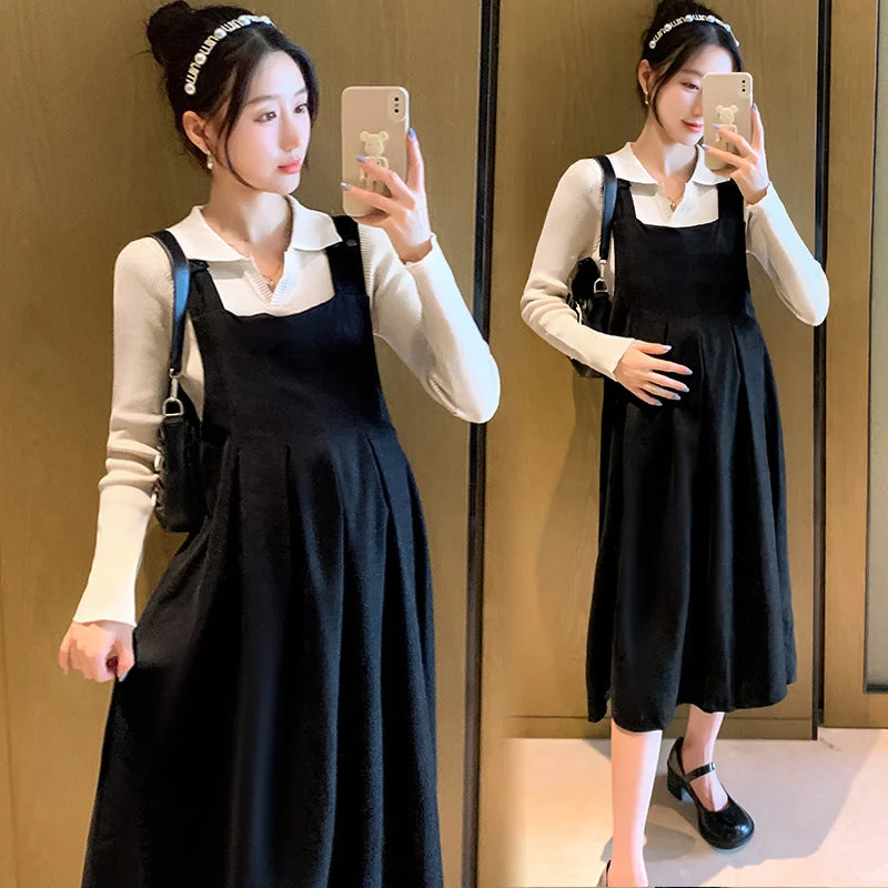 NiDELL Maternity Dress . Autumn and Winter Lapel Suspender Skirt Outfit Breastfeeding Bottoming Shirt Suspender Dress Two-Piece Set