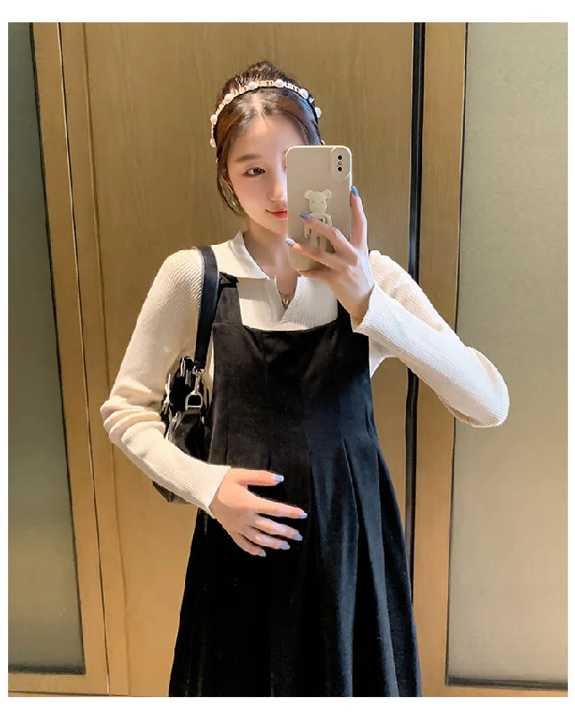 NiDELL Maternity Dress . Autumn and Winter Lapel Suspender Skirt Outfit Breastfeeding Bottoming Shirt Suspender Dress Two-Piece Set