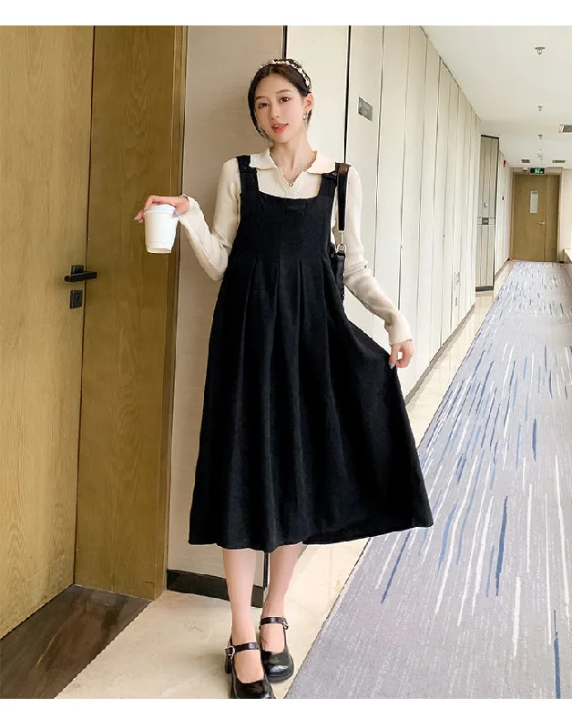 NiDELL Maternity Dress . Autumn and Winter Lapel Suspender Skirt Outfit Breastfeeding Bottoming Shirt Suspender Dress Two-Piece Set