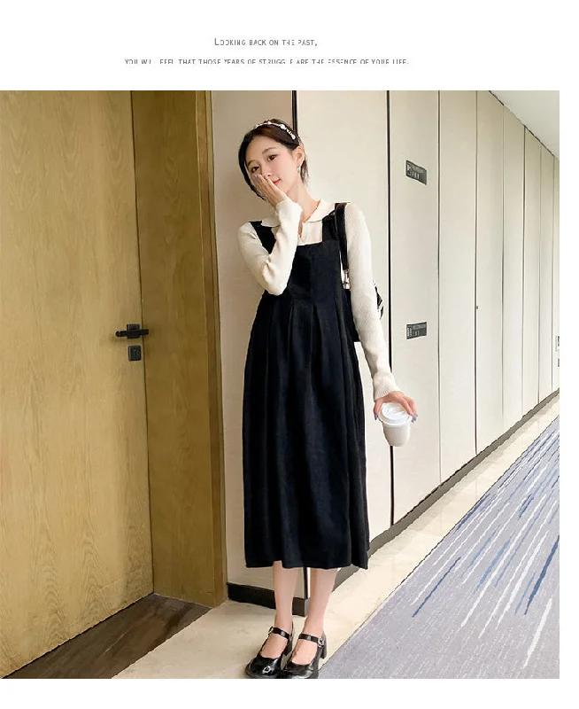 NiDELL Maternity Dress . Autumn and Winter Lapel Suspender Skirt Outfit Breastfeeding Bottoming Shirt Suspender Dress Two-Piece Set