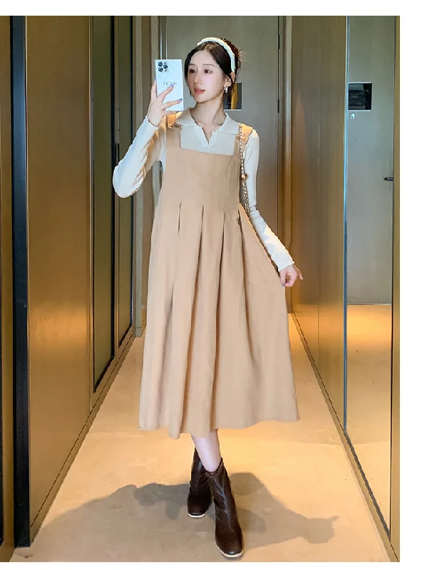 NiDELL Maternity Dress . Autumn and Winter Lapel Suspender Skirt Outfit Breastfeeding Bottoming Shirt Suspender Dress Two-Piece Set