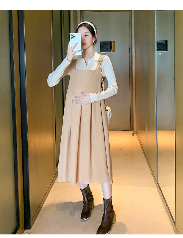 NiDELL Maternity Dress . Autumn and Winter Lapel Suspender Skirt Outfit Breastfeeding Bottoming Shirt Suspender Dress Two-Piece Set