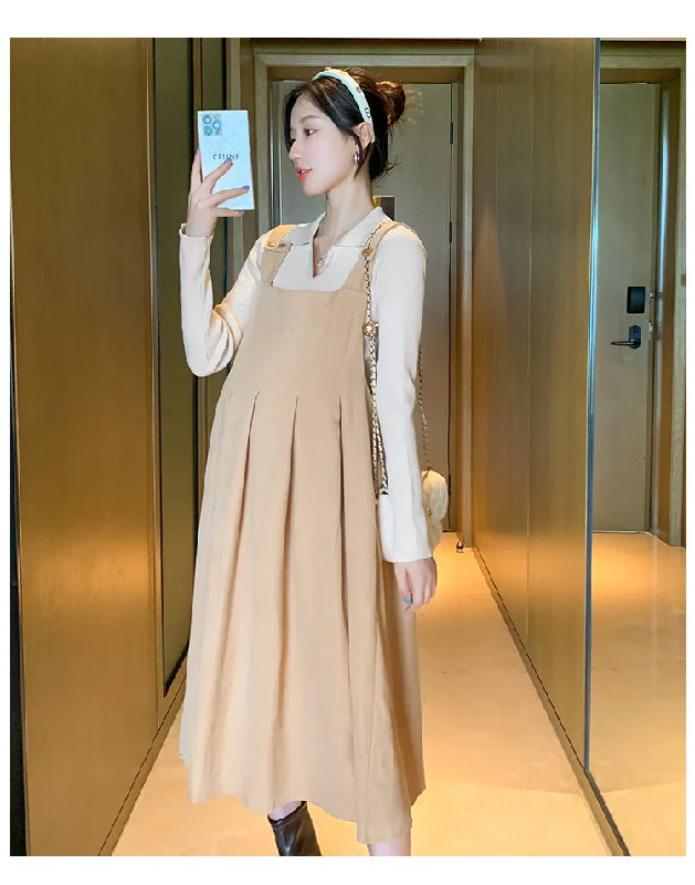 NiDELL Maternity Dress . Autumn and Winter Lapel Suspender Skirt Outfit Breastfeeding Bottoming Shirt Suspender Dress Two-Piece Set