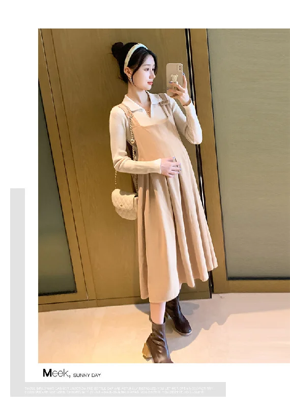 NiDELL Maternity Dress . Autumn and Winter Lapel Suspender Skirt Outfit Breastfeeding Bottoming Shirt Suspender Dress Two-Piece Set