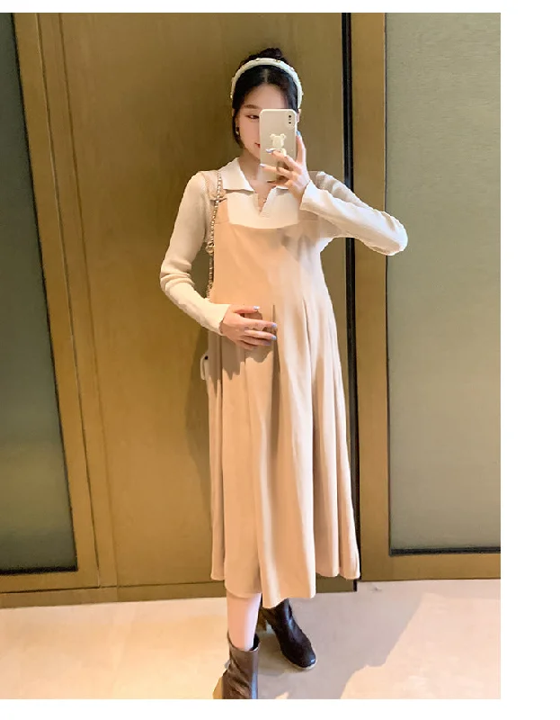 NiDELL Maternity Dress . Autumn and Winter Lapel Suspender Skirt Outfit Breastfeeding Bottoming Shirt Suspender Dress Two-Piece Set