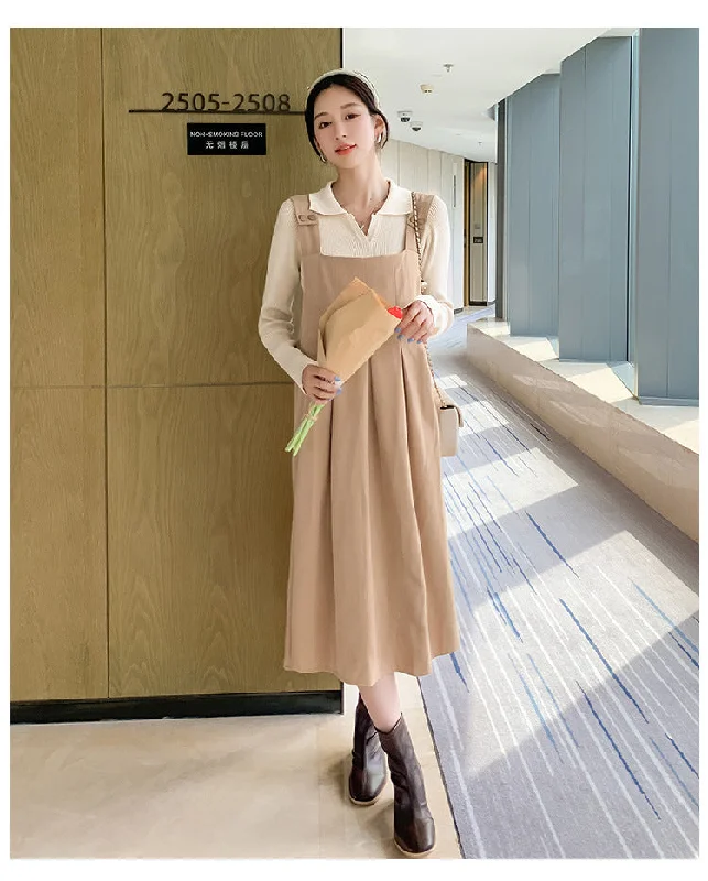 NiDELL Maternity Dress . Autumn and Winter Lapel Suspender Skirt Outfit Breastfeeding Bottoming Shirt Suspender Dress Two-Piece Set