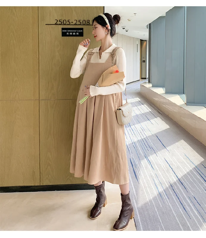 NiDELL Maternity Dress . Autumn and Winter Lapel Suspender Skirt Outfit Breastfeeding Bottoming Shirt Suspender Dress Two-Piece Set