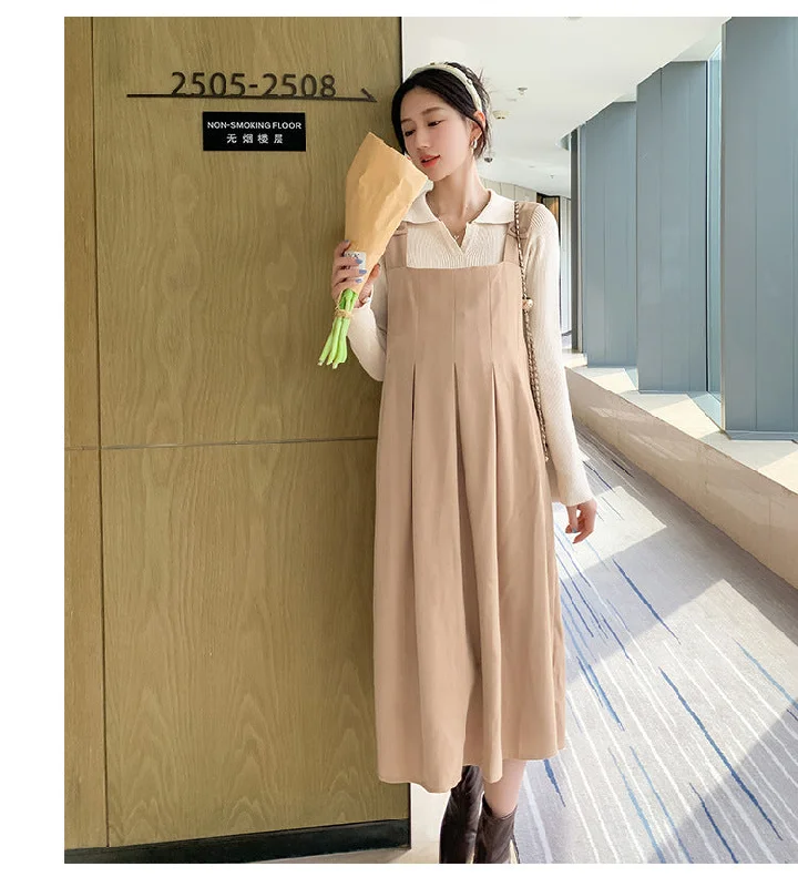 NiDELL Maternity Dress . Autumn and Winter Lapel Suspender Skirt Outfit Breastfeeding Bottoming Shirt Suspender Dress Two-Piece Set