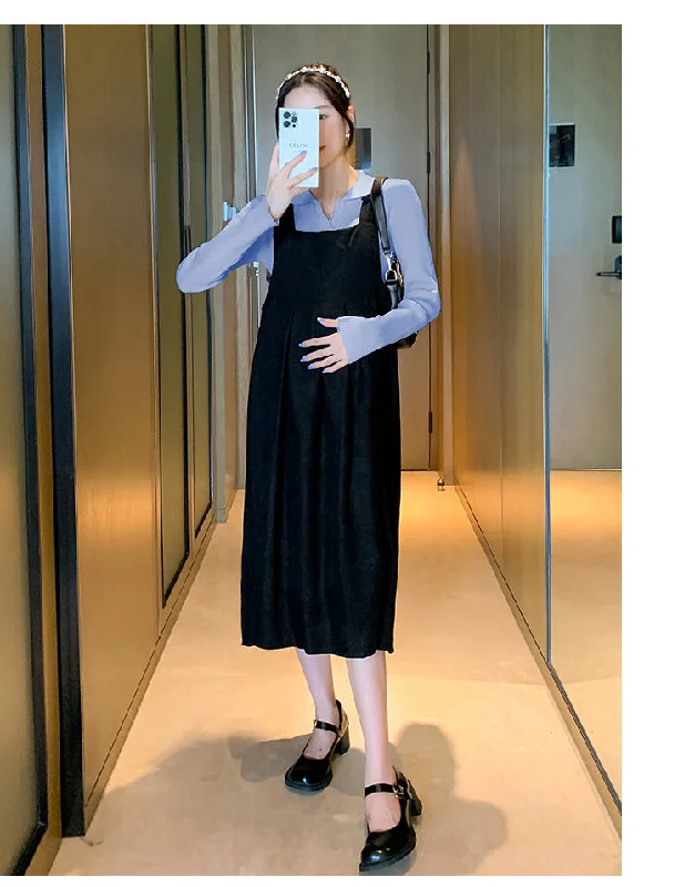 NiDELL Maternity Dress . Autumn and Winter Lapel Suspender Skirt Outfit Breastfeeding Bottoming Shirt Suspender Dress Two-Piece Set