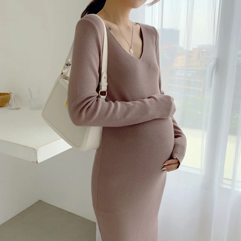 NiDELL Maternity Dress . Autumn and Winter New Knitted Bottoming Maternity Dress V-neck Fashion Slim Pregnant Women Dress