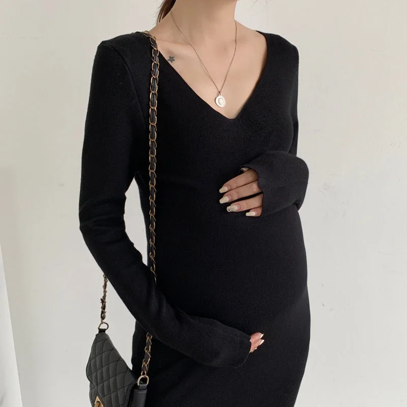 NiDELL Maternity Dress . Autumn and Winter New Knitted Bottoming Maternity Dress V-neck Fashion Slim Pregnant Women Dress