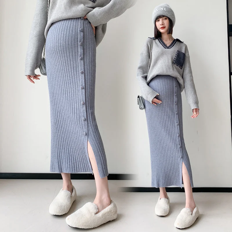 NiDELL Maternity Dress . Autumn and Winter New Knitted Side Slit One-Step Skirt Temperament Slimming Mid-Length Maternity Skirt