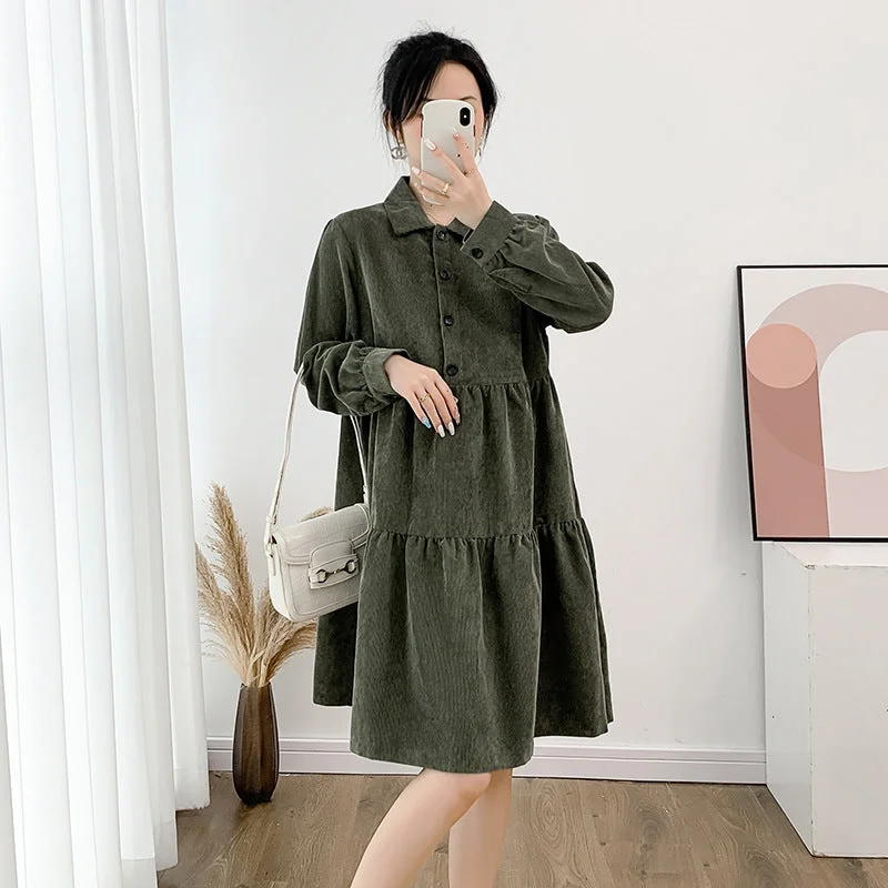 NiDELL Maternity Dress . Autumn and Winter New Korean Style Corduroy Long Sleeve Shirt Skirt Loose Mid-Length Dress for Pregnant Women