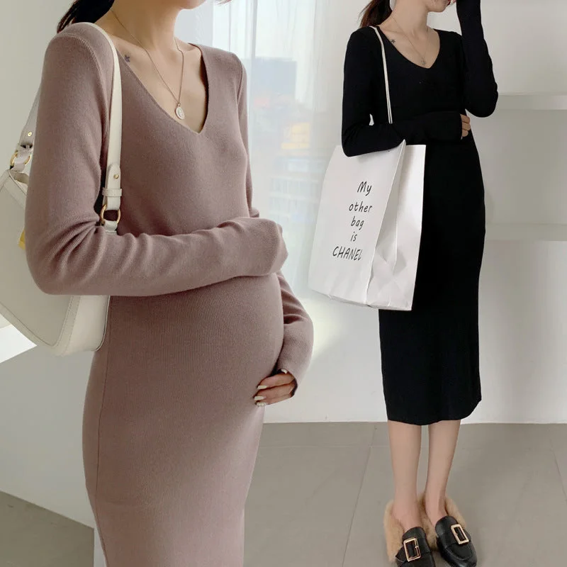 NiDELL Maternity Dress . Autumn and Winter New Korean Style Long Sleeve Mid-Length Slim Fit Pregnant Women V-neck Sweater