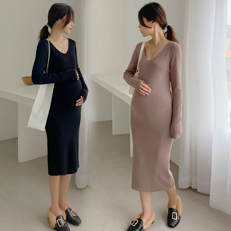 NiDELL Maternity Dress . Autumn and Winter New Korean Style Long Sleeve Mid-Length Slim Fit Pregnant Women V-neck Sweater