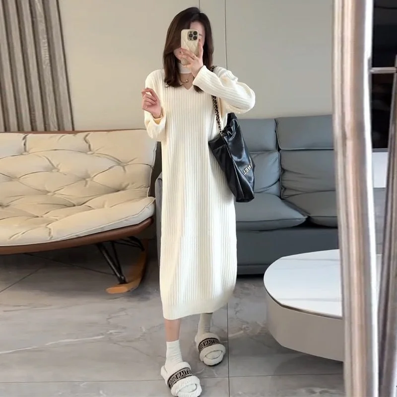 NiDELL Maternity Dress . Autumn and Winter New Loose Large Size Western Style Knitted Woolen Skirt Long Sleeve Maternity Dress Long Skirt