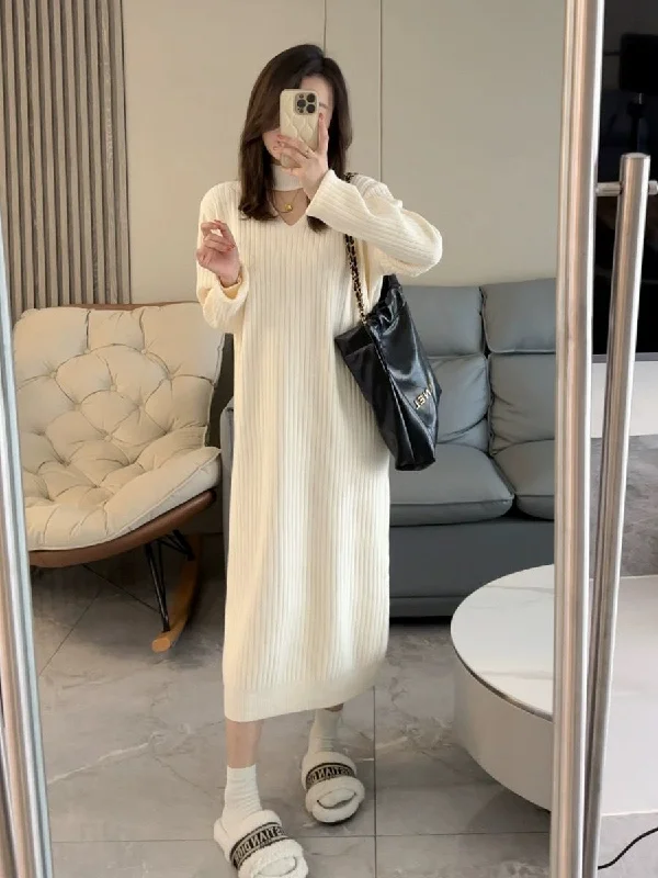 NiDELL Maternity Dress . Autumn and Winter New Loose Large Size Western Style Knitted Woolen Skirt Long Sleeve Maternity Dress Long Skirt