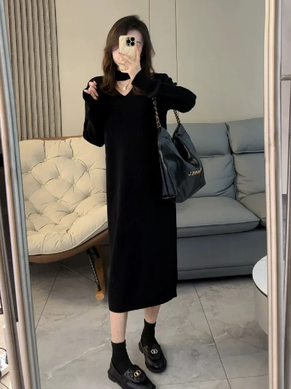 NiDELL Maternity Dress . Autumn and Winter New Loose Large Size Western Style Knitted Woolen Skirt Long Sleeve Maternity Dress Long Skirt