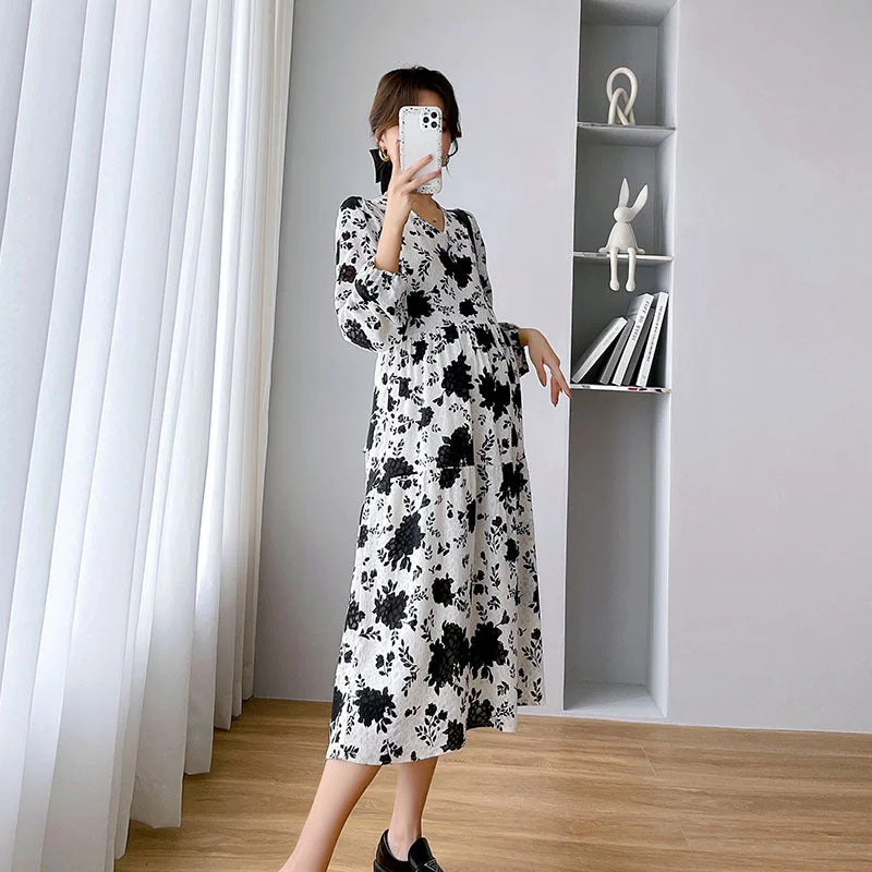 NiDELL Maternity Dress . Autumn and Winter New Mid-Length Floral Dress Loose Slimming Large Size Maternity Dress