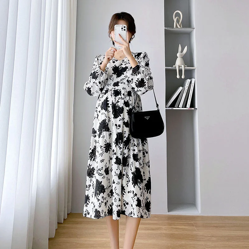 NiDELL Maternity Dress . Autumn and Winter New Mid-Length Floral Dress Loose Slimming Large Size Maternity Dress