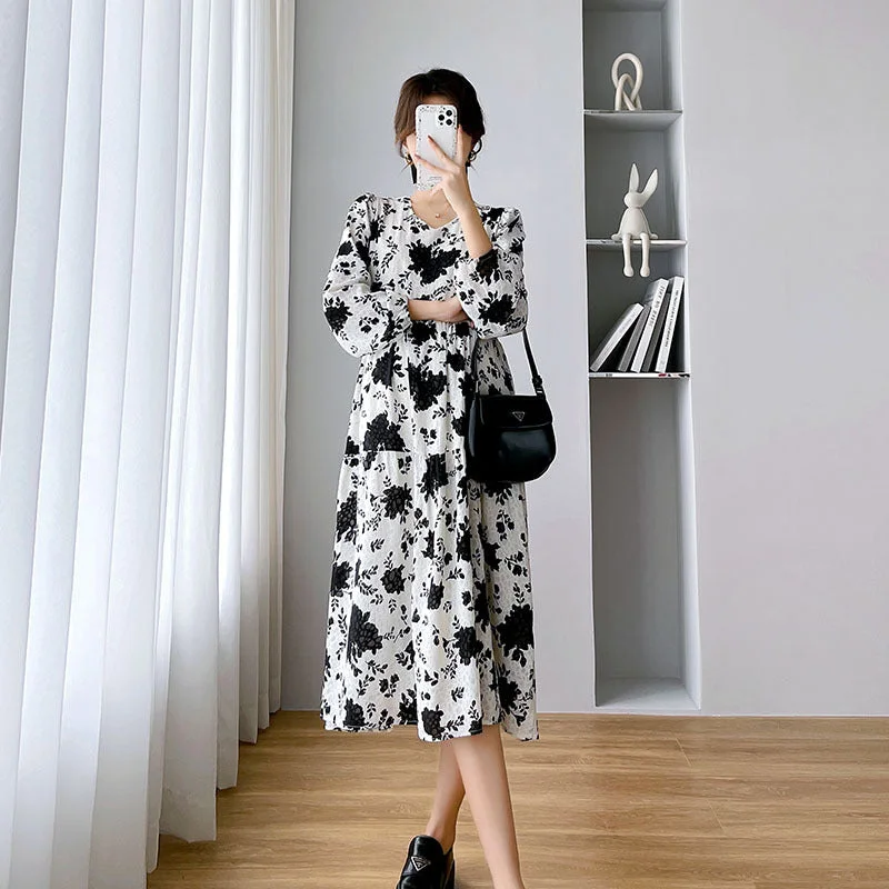 NiDELL Maternity Dress . Autumn and Winter New Mid-Length Floral Dress Loose Slimming Large Size Maternity Dress