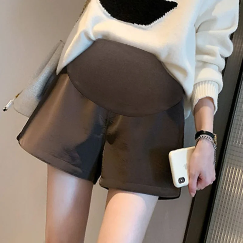 NiDELL Maternity Dress . Autumn and Winter New PU Leather Wide Leg Split Shorts Casual Boot Pants