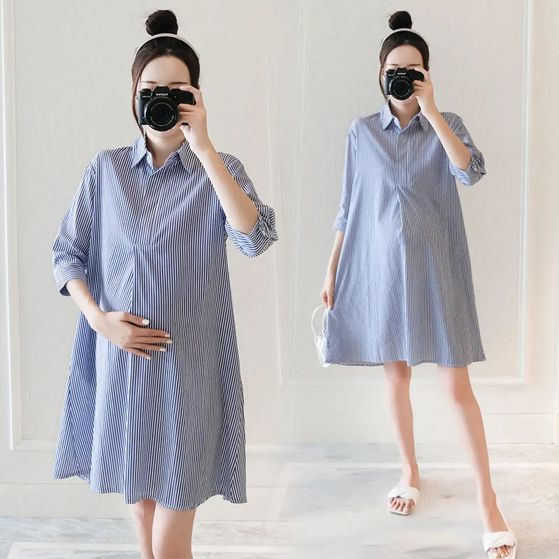 NiDELL Maternity Dress . Early Autumn New Fashion Polo Collar Mid-Length Striped Shirt Dress Fashionable Mom