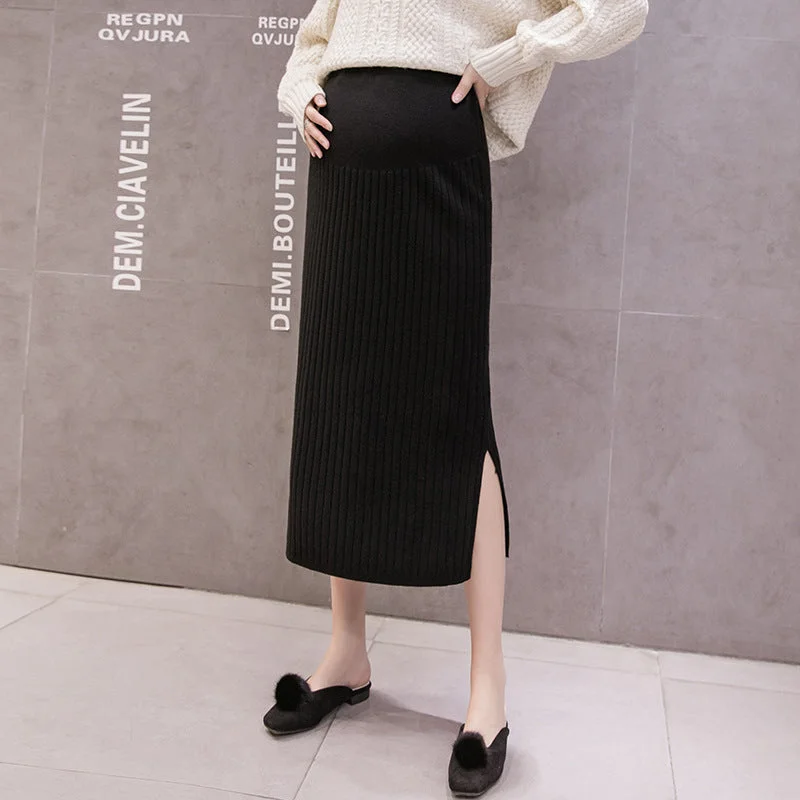 NiDELL Maternity Dress . High Waist Slimming Belly Support Knitted Skirt Pregnant Temperament Mid-Length Split Office Lady Sheath Skirt