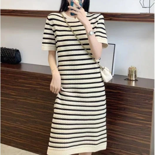 NiDELL . Maternity Dress Knitted Short Sleeve Maternity Dress New Striped Loose Ice Silk Maternity Postpartum Nursing Skirt