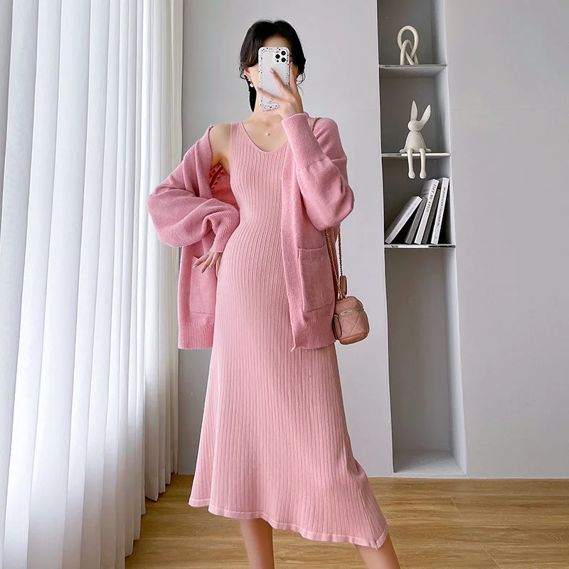 NiDELL . Maternity Dress Korean Style Fashion Two-Piece Suit Maternity Dress Slimming Maternity Suit