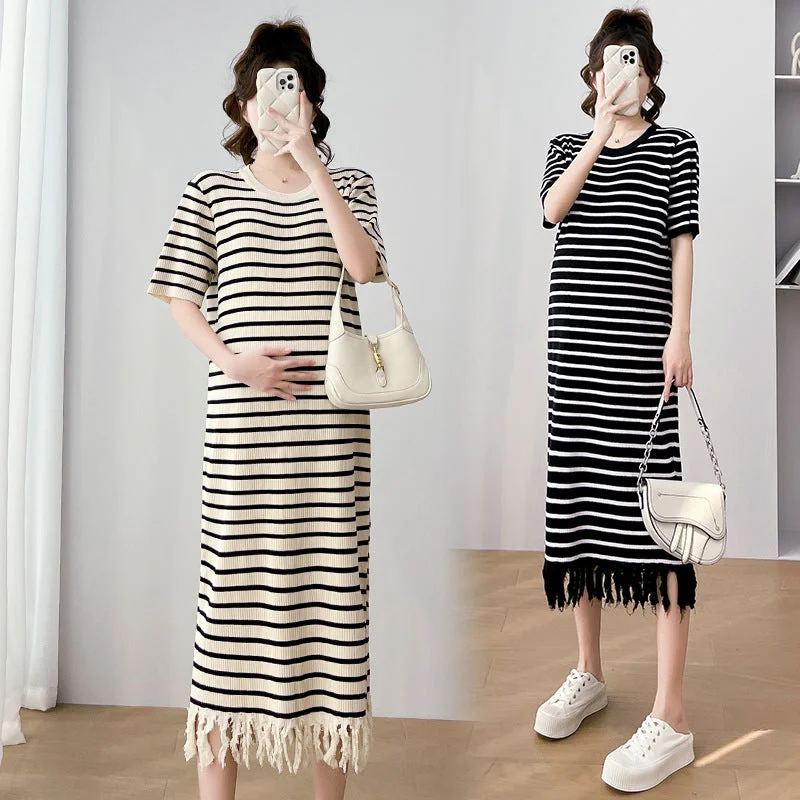 NiDELL Maternity Dress Korean Style Lazy Style Striped Maternity Dress . New Frayed Edge Age Reducing Nursing Skirt