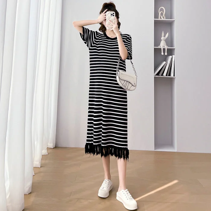 NiDELL Maternity Dress Korean Style Lazy Style Striped Maternity Dress . New Frayed Edge Age Reducing Nursing Skirt