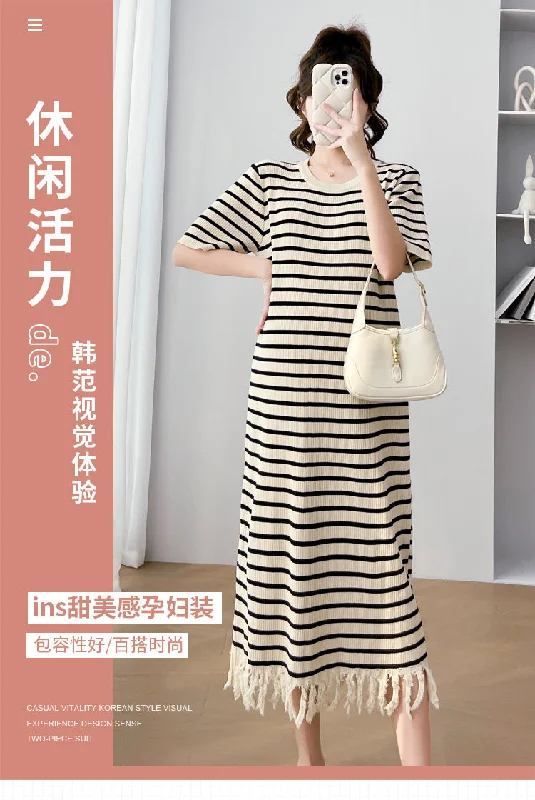 NiDELL Maternity Dress Korean Style Lazy Style Striped Maternity Dress . New Frayed Edge Age Reducing Nursing Skirt