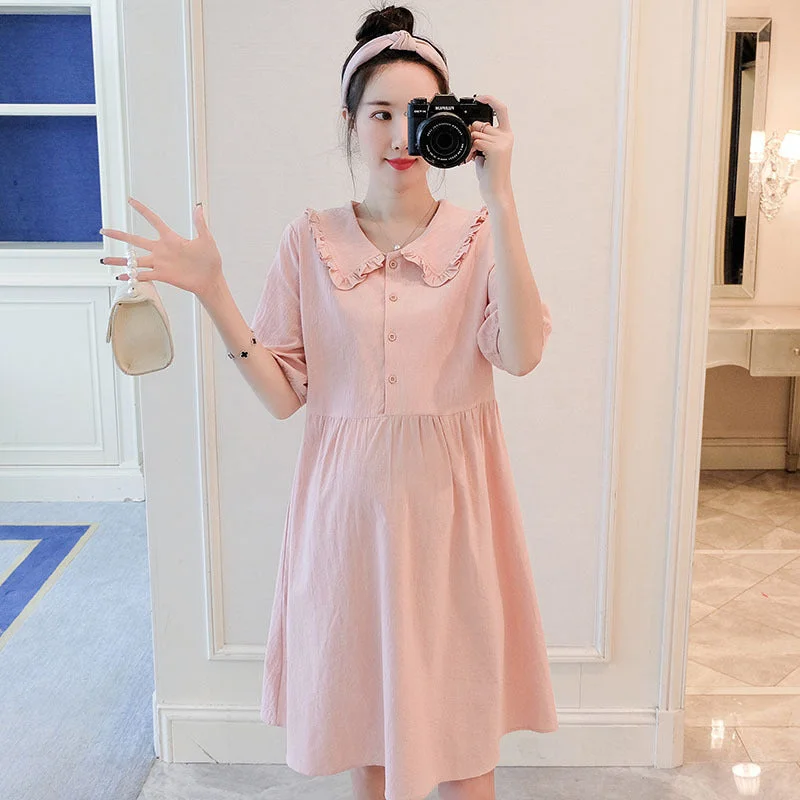 NiDELL Maternity Dress . Maternity Dress Korean Style Short Sleeve Cotton Linen Maternity Dress Doll Collar Lapel Maternity Dress