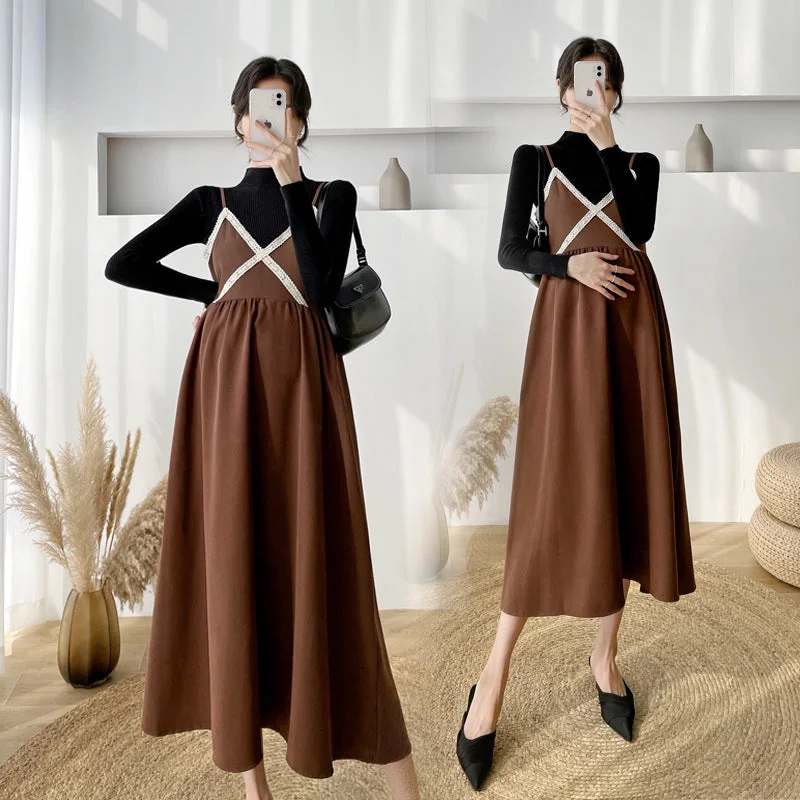 NiDELL Maternity Dress . New Autumn and Winter Sweaters Two-Piece Autumn Strap Dress