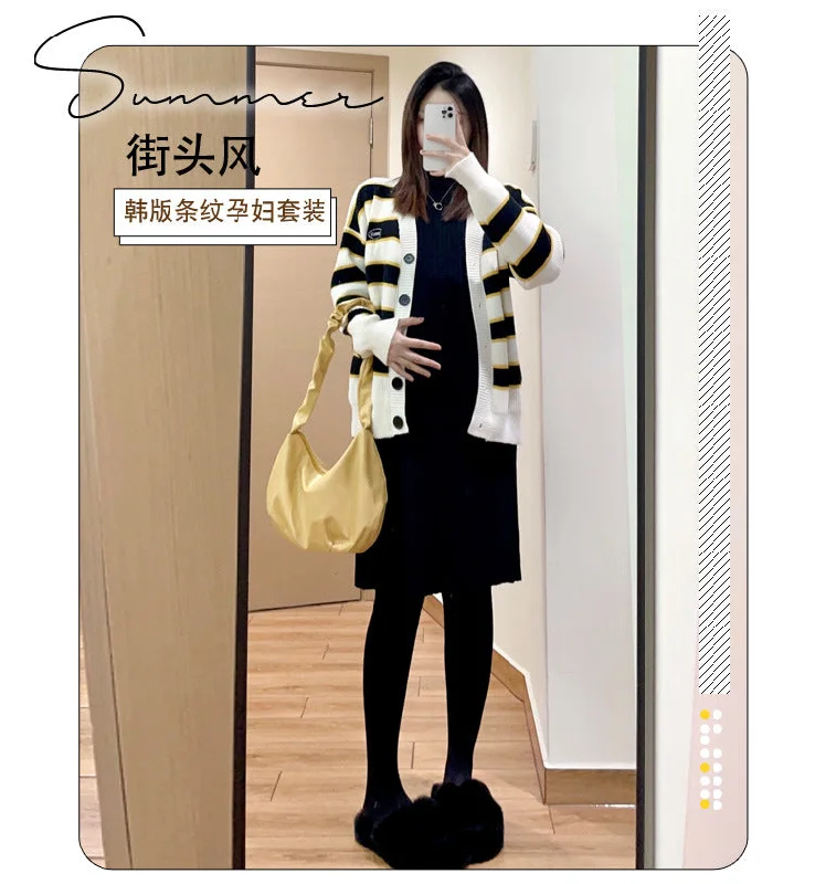 NiDELL Maternity Dress . New Coat Knitted Autumn and Winter Slimming Sweater Long Dress Fashion Two-Piece Suit Dress Suit