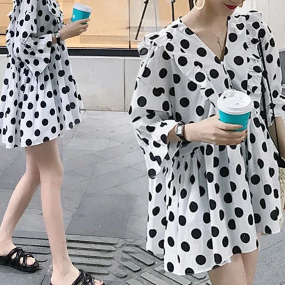 NiDELL . Maternity Dress New Korean Style Loose Top Fashion Small Fresh Polka Dot Maternity Dress