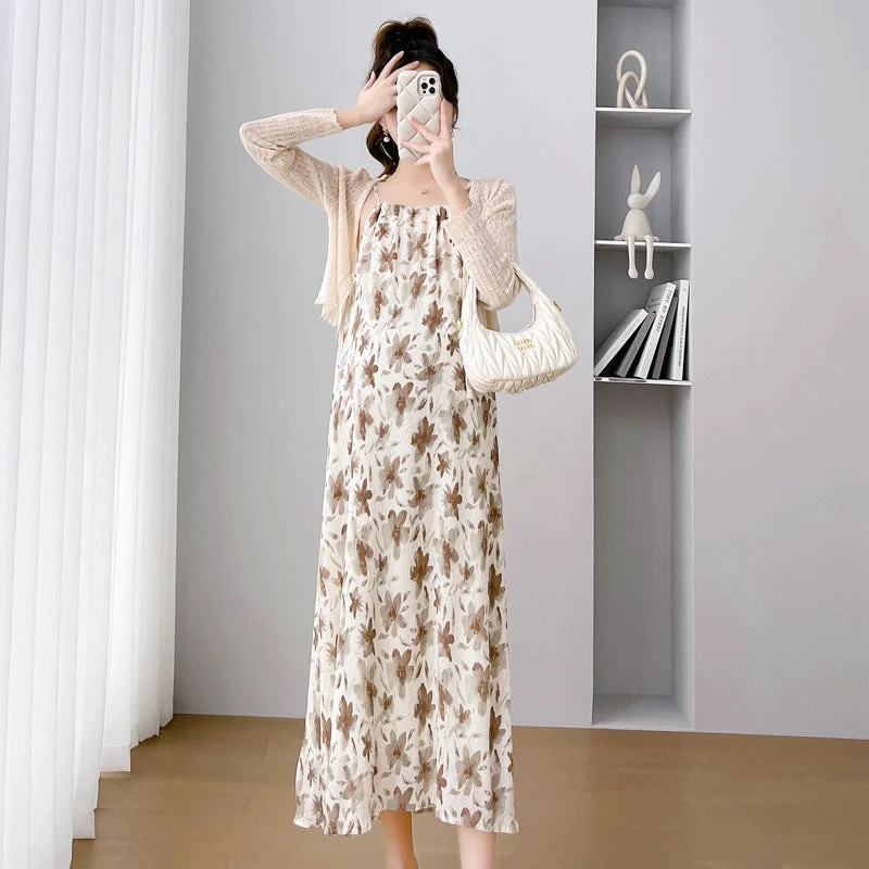 NiDELL Maternity Dress . New Korean Style Sweet Elegant Floral Sling Maternity Dress Coat Sun Protection Clothing Suit