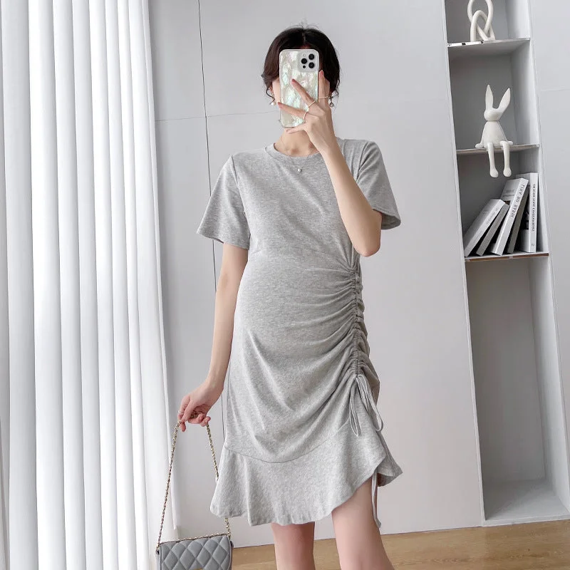 NiDELL Maternity Dress . New Short Sleeve Mid-Length Dress High Elastic Drawstring Slim Fit Maternity Dress